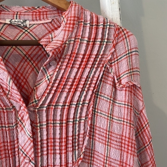 Free people distressed plaid button up tunic dress oversized xs - Picture 3 of 9
